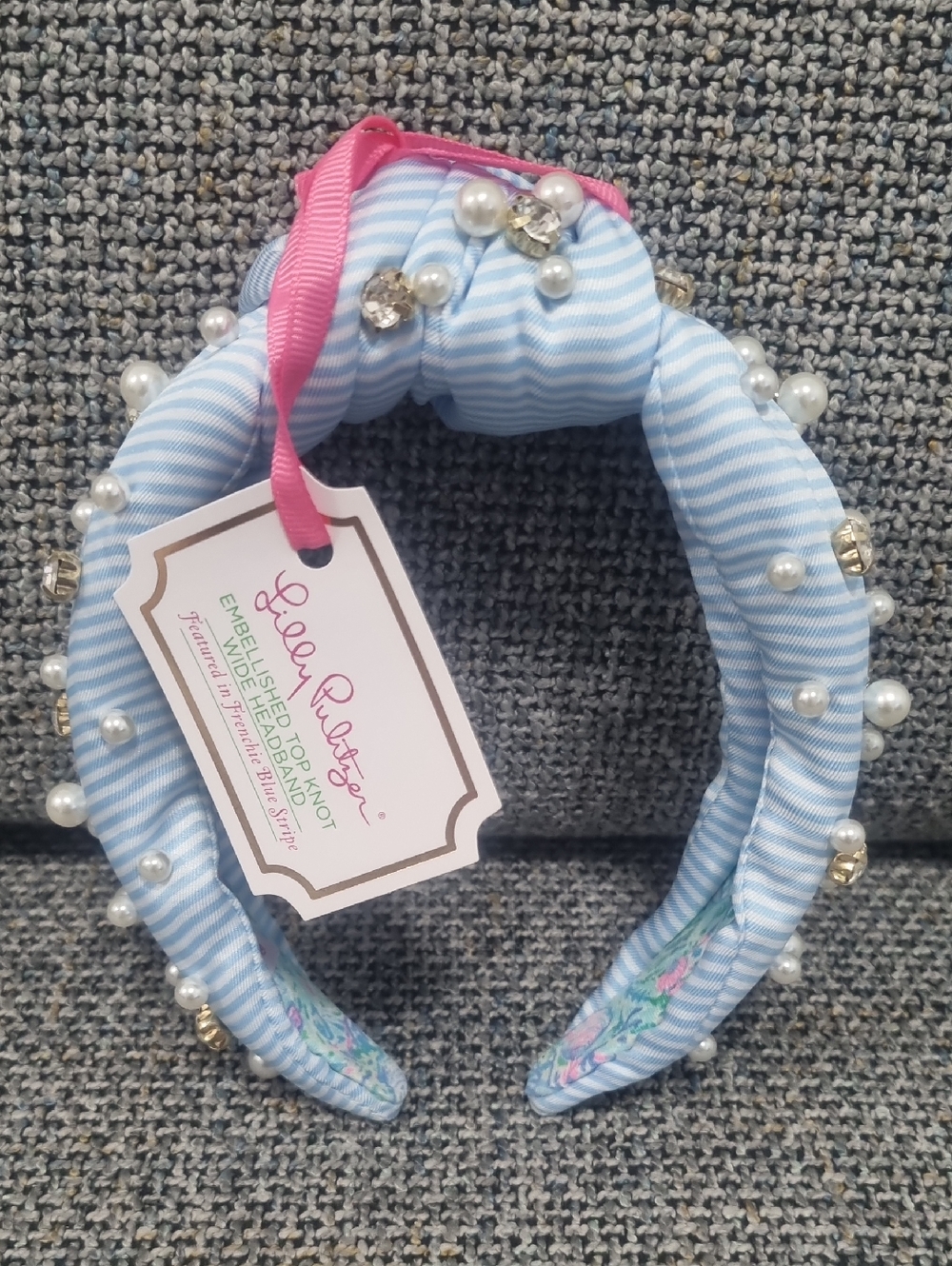 LILLY PULITZER Embellished Top Knot Wide Headband in Blue Stripe - Picture 3 of 10